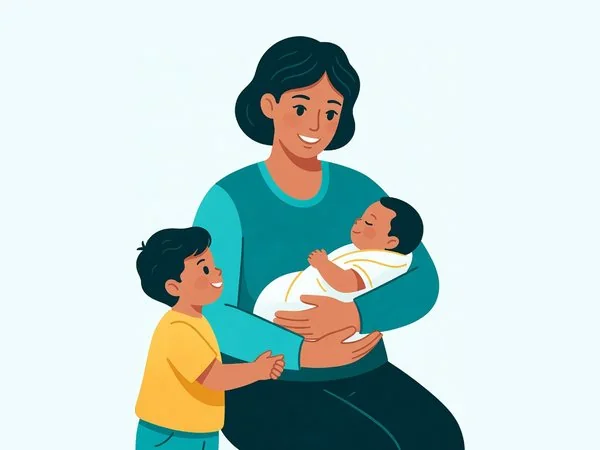 Ilustração de mãe com bebê no colo e criança pequena