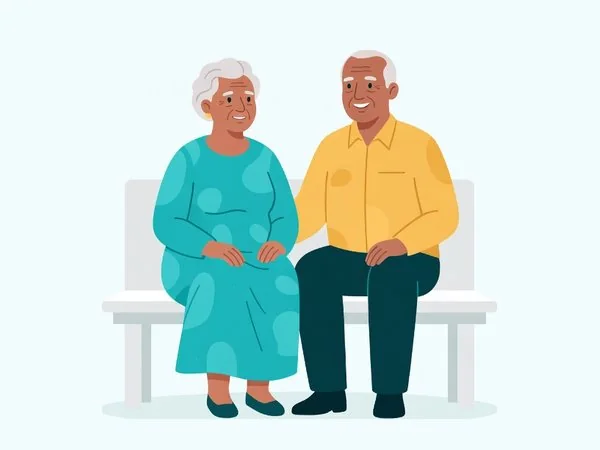 Ilustração de casal de idosos sentado num banco