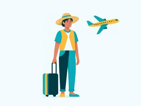 Ilustração de viajante com mala e chapéu