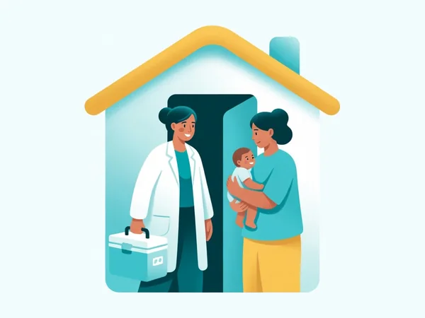 Ilustração de enfermeira chegando a uma casa com a caixa térmica