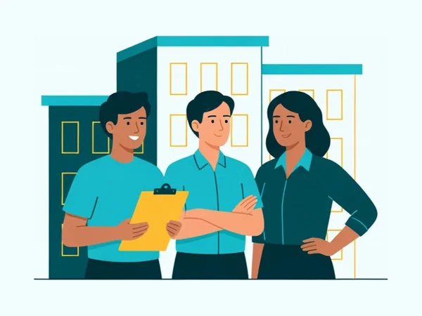 Ilustração de três colegas de trabalho em frente a um prédio