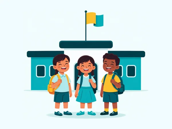 Ilustração de três crianças de mochila em frente à escola