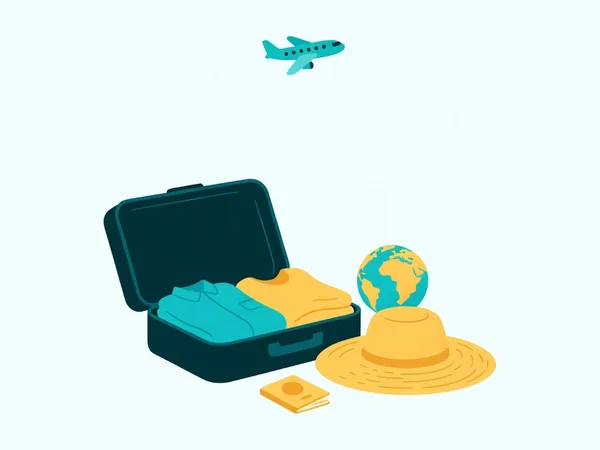 Ilustração de mala aberta com passaporte, chapéu e globo