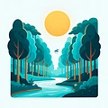 Ilustração de mata à beira de um rio, com sol e um mosquito