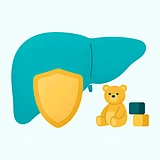 Ilustração de um fígado com um escudo dourado, ao lado de um urso de pelúcia