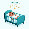 Ilustração de bebê no berço, sob um móbile de estrelas