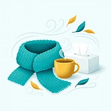 Ilustração de cachecol, caneca fumegante e caixa de lenços