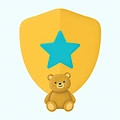 Ilustração de um escudo dourado com estrela, atrás de um urso de pelúcia