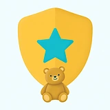 Ilustração de um escudo dourado com estrela, atrás de um urso de pelúcia