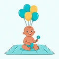 Ilustração de bebê sentado com chocalho, sob balões