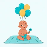 Ilustração de bebê sentado com chocalho, sob balões