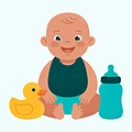 Ilustração de bebê de babador, com um patinho e uma mamadeira
