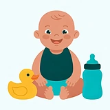 Ilustração de bebê de babador, com um patinho e uma mamadeira